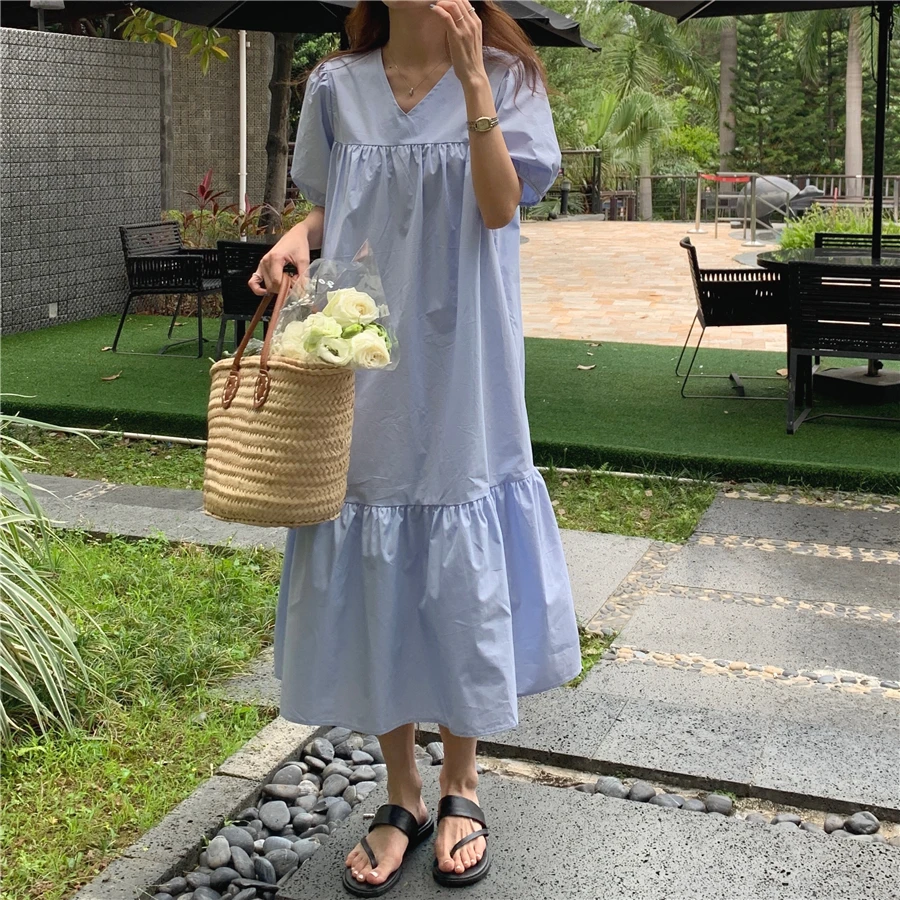 

Korejpaa Women Dress 2021 Summer Korean Gentle V-neck Milky Soft Blue White Folding Loose All-match Puff Sleeve Ruffled Vestidos