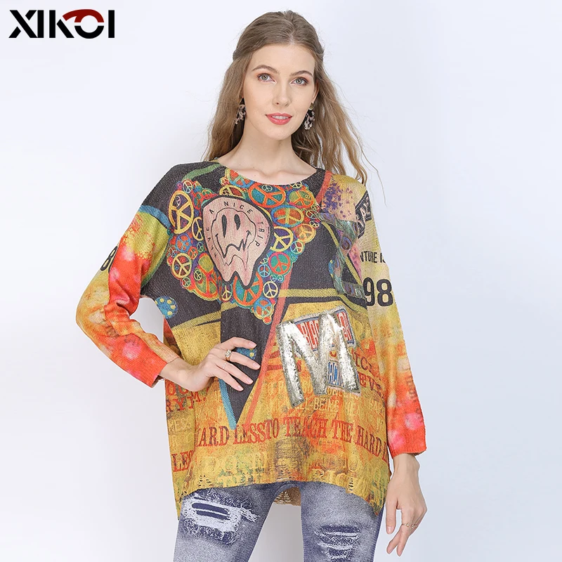 

XIKOI Smiley Print Winter Sweater Women Pullovers Knitted O-Neck Jumper Women Oversized Warm Sweaters High Elastic Pull Femme