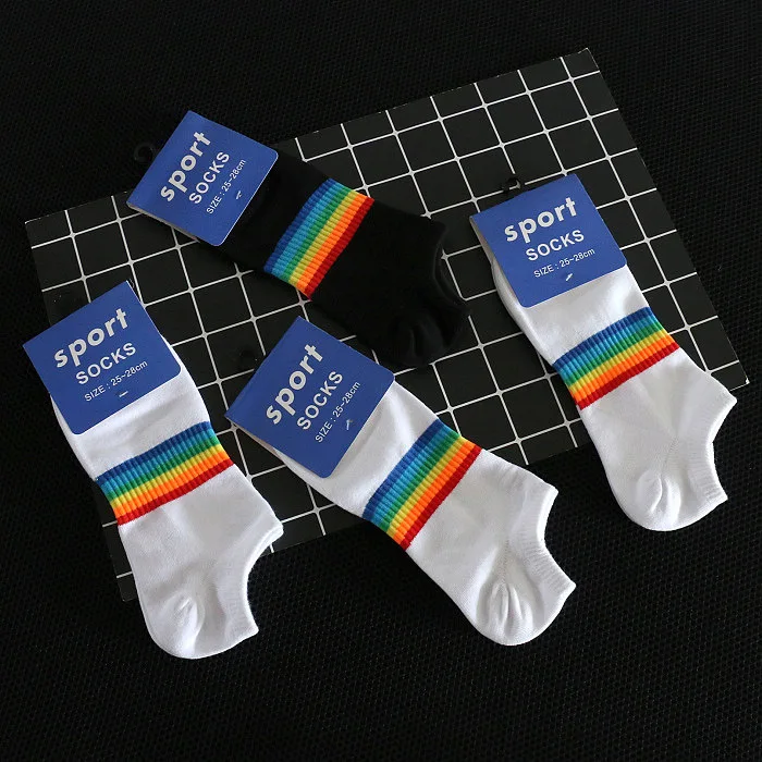 

Rainbow Stripes Casual Sports Socks, Cotton Men's Boat Deodorant LGBT Pride