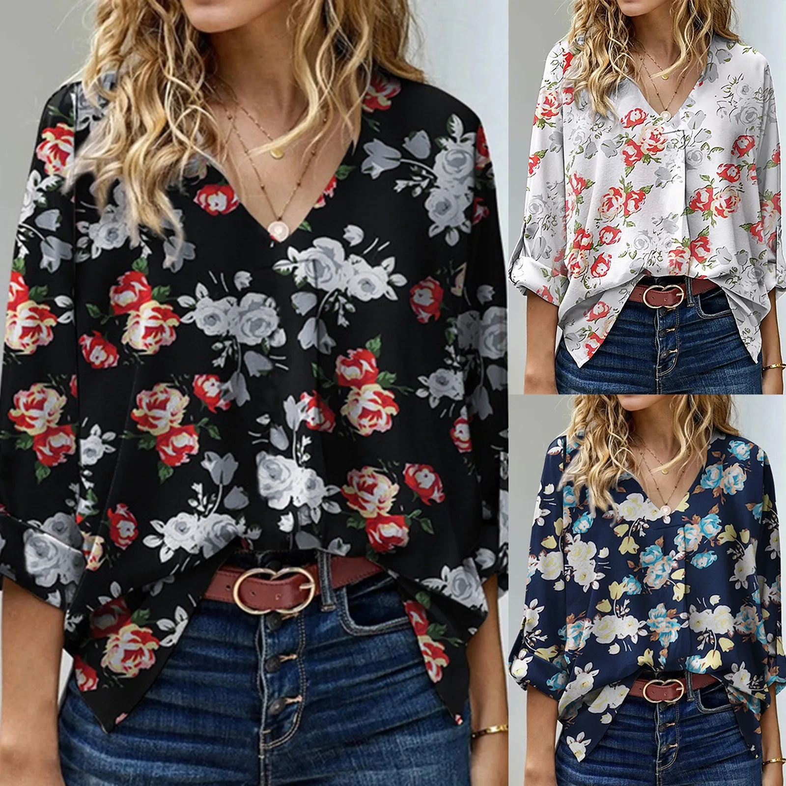 

Vintage Flower Shirts Women's Sexy V Neck Bohemian Print Streetwear Beach Holiday Top Ladies Summer Casual Long Sleeved Blouse