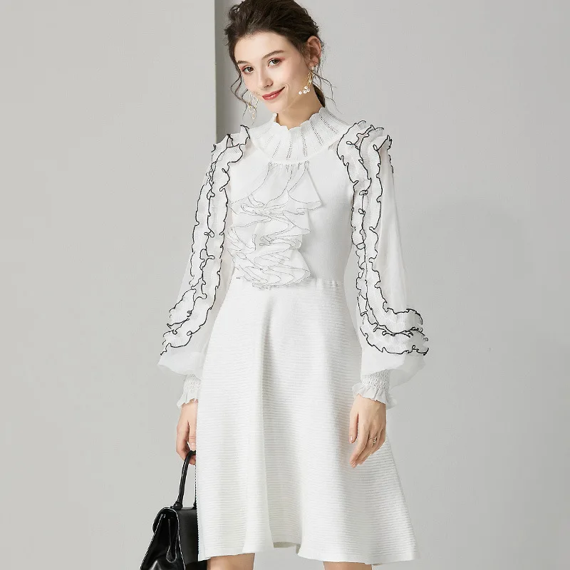 Женское винтажное мини платье с оборками элегантное белое вечернее в Корейском