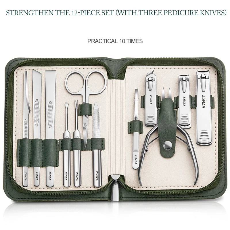 

High Quality Good Price Carbon Steel Nail Care Manicure Tool 12 Piece Green Nail Clippers Set