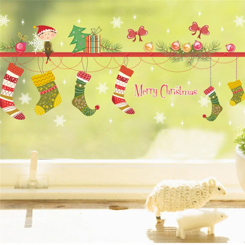 Рождественская елка снежинка Чулки со звездой шар шаблон наклейки на стену для