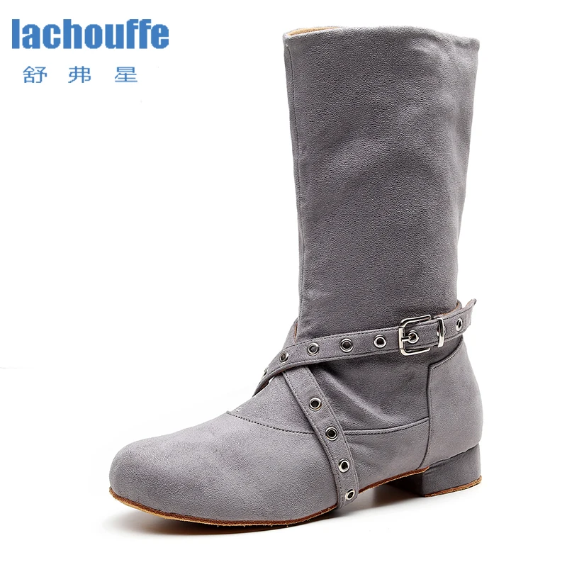 

Для женщин с высоким берцем Джаз Обувь для танцев Prupel серого цвета из искусственной замши (флока) для Танцы-ча, сальсы и латинских танцев-туф...