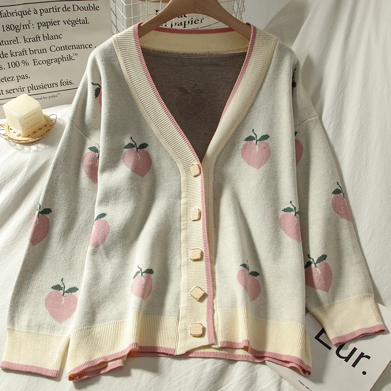

New Sweater Cardigan Cute Pink Sweater Women Peach Cardigan Knit Top Korean Autumn Long Sleeves