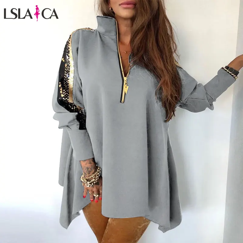 

Women Jackets Fashion Sequins Patchwork Stand Collar Long Sleeve Zipper Loose Casual Ladies Coats Pullovers Solid Color Autumn