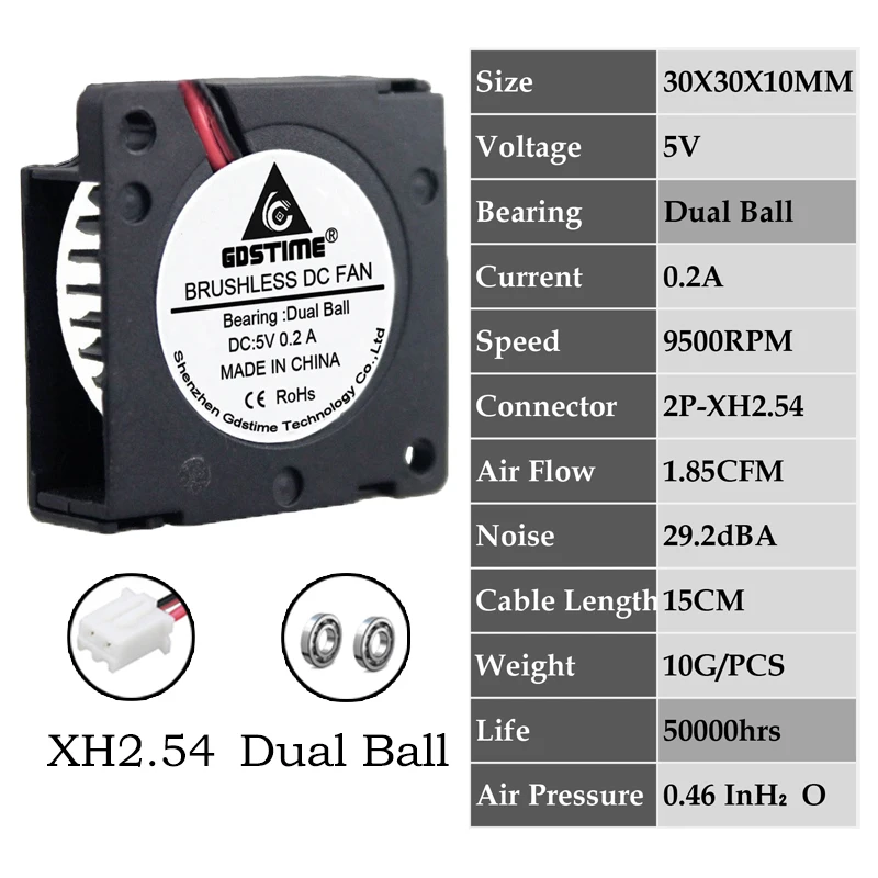 0.2A3010B5V2P2.54 2 шт. Gdstime DC 5 в 12 В 24 в 30x30x10 мм рукав двойной шар 1 дюймов маленький мини вентилятор охлаждения 30 мм x 10 мм 3 см 3010 3d принтер - Цвет лезвия: 0.2A3010B5V2P2.54