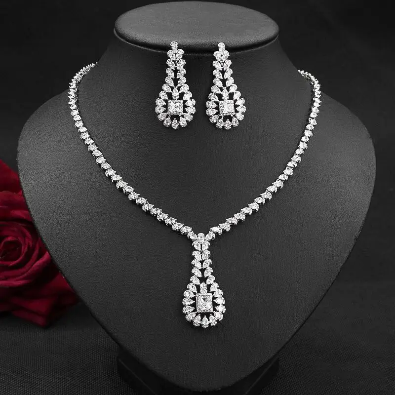 

HIBRIDE Luxury AAA CZ Geometric Shape Wedding Jewelry Set Sparkling Top Quality Zirconia Crystal Necklace Earring 2pcs Set N-859