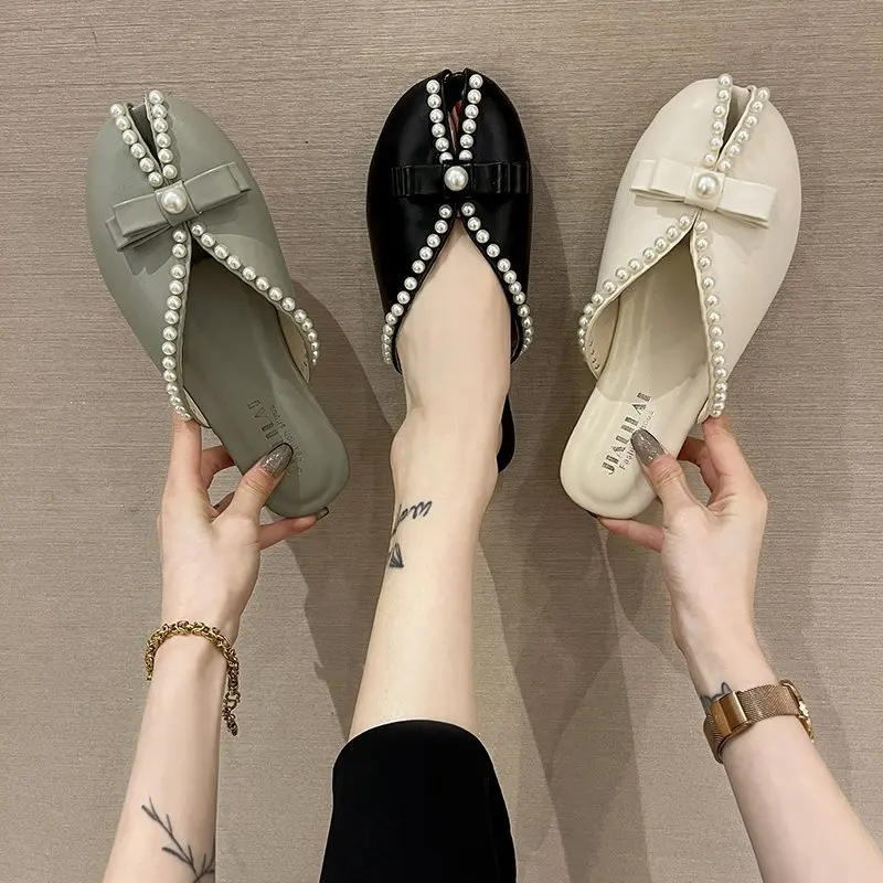 

Flat Shoes Female Slippers Women Summer Pearl Slides String Bead Pantofle Peep Toe Low Designer 2021 Cover Soft flower Rubber