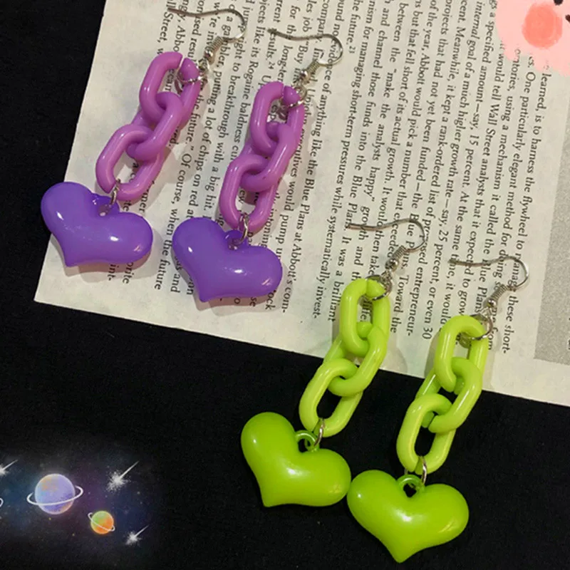 

New Fashion Acrylic Chain Heart Pendant Drop Earrings For Women Girls Korean Long Dangle Earrings Punk Night Club Party Jewelry