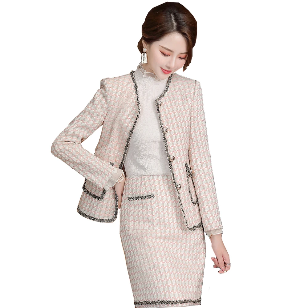

2021 Latest Pink Blue Plaid Ladies Women Skirt Suits Elegant Korean Design Two Pieces Sets ladies 2 piece skirt suit