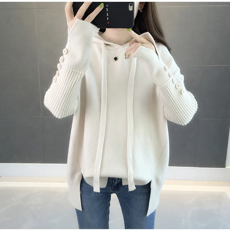 

Casual Hooded Sweater 2020 New Autumn Winter Korean Style Women Loose Solid Button Knitwear Female Pullover Sweater Sueter