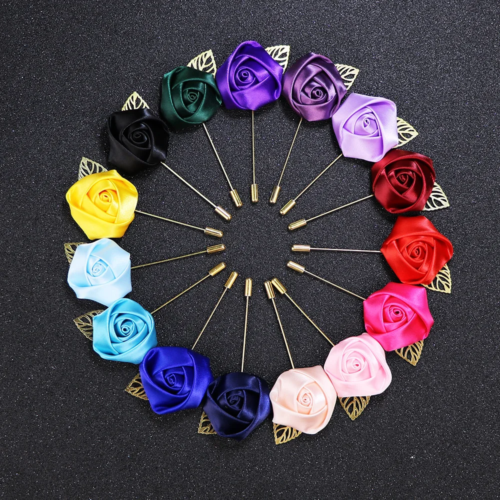 

Korean Fabric Rose Flower Brooch Leaf Long Needle Pins Men's Suit Collar Pin Fashion Jewelry for Women Men Clothing Accessories