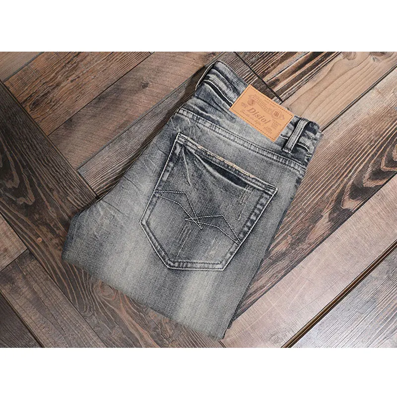 European American Vintage Fashion Men Jeans Retro Yellow Blue Elastic Slim Ripped Jeans Men Embroidery Designer Denim Punk Pants