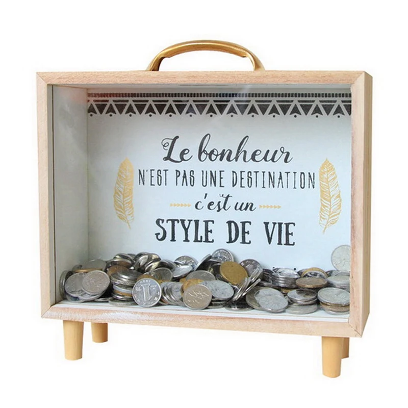 Wooden Money Bank Coin Piggy Money Boxes Home Decor Gift Kids Children With Glass Household Money Saving Box Decoration Craft