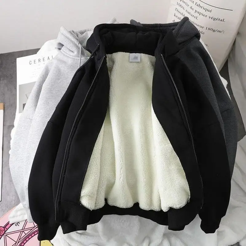 

Plush thick hooded cardigan sweatshirt for men women autumn winter Korean preppy all-match zipper warp coat simple casual wear