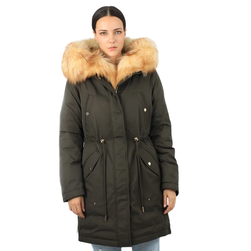 

Women Down Jacket Real Fur Female Cotton High Quality Outwear Windproof Quilted Warm Windproof Hood Ladies Clothes19-098