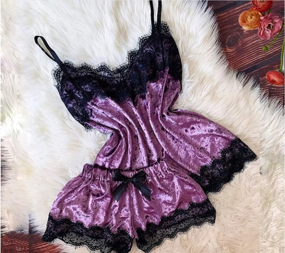 Пижама сексуальное нижнее белье Атласный пижамный комплект белые кружевные