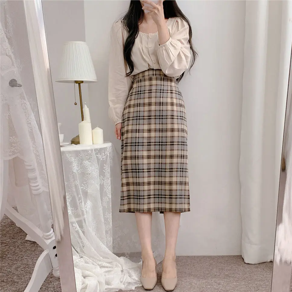 Faldas A cuadros para mujer, traje de camisa azul, Falda larga de cintura alta, trajes de dos piezas