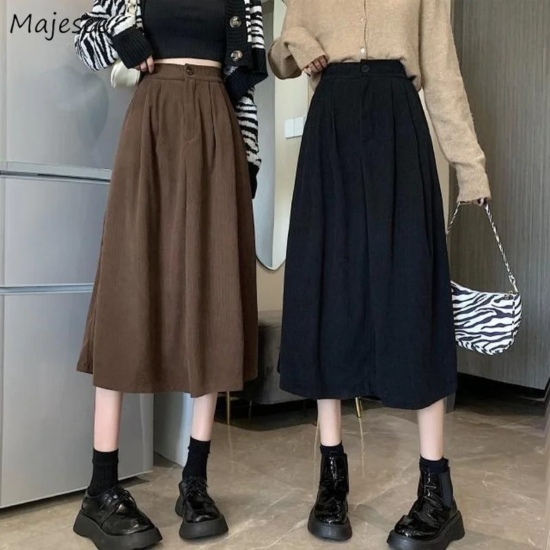 

Skirts Women Mid-calf College Friends Corduroy Vintage Ulzzang All-match Casual Ins Design Pure Simple Faldas Feminino Comfort
