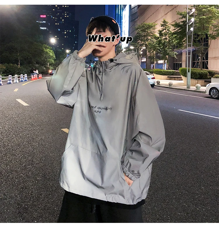 

Men's Reflective Jacket Hooded Raglan Sleeve Front Pocket Casual Windbreakers Loose Clothing Jogger Night Running Pullovers Man
