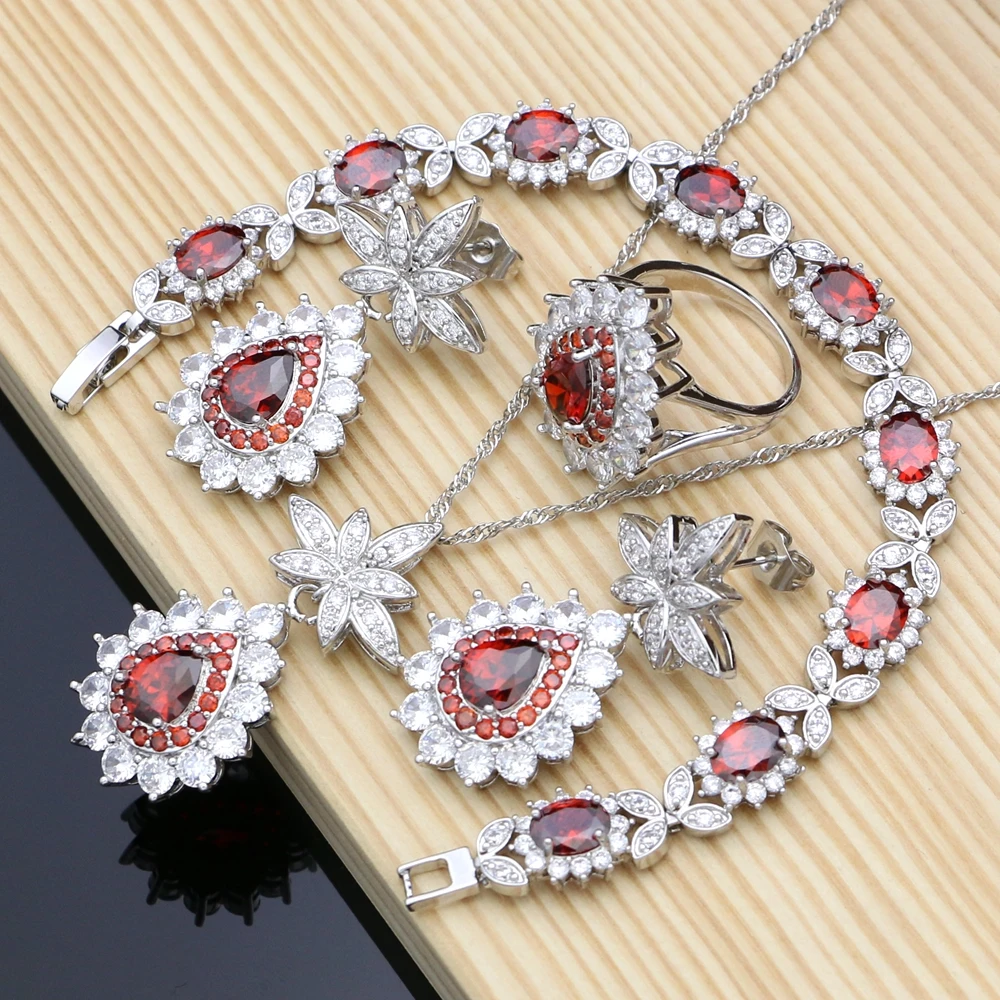 

Costume Jewelry Kits Red CZ Crystal 925 Sterling Silver Jewelry Set For Women Earrings/Pendant/Ring/Bracelets/Necklace Sets