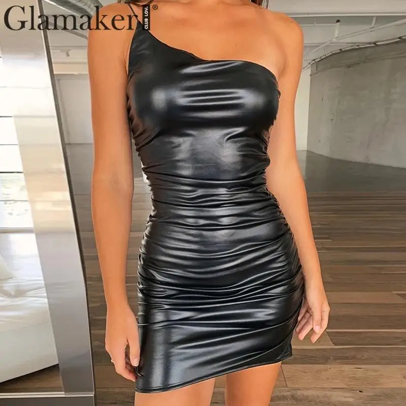 Glamaker кожаное мини платье на одно плечо с завязками женское элегантное Бандажное