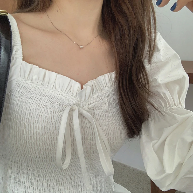 

Vintage Korean Blouse Women Spring Square Collar Puff Sleeve Bow ladies Crop Tops Plus Size White Shirts chemisier femme