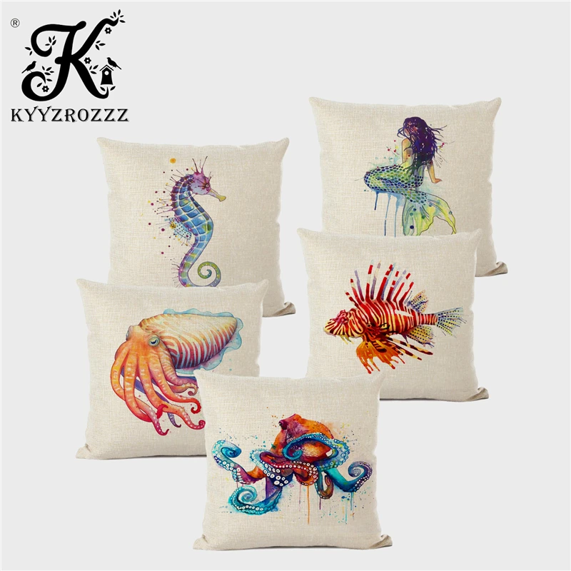 

Sea Creature Cushion Cover Beach Coast Mermaid Octopus Sea Horse Beautiful Jellyfish Starfish Print Decorative Pillowcase