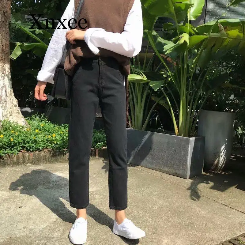 Женские черные джинсы с высокой талией однотонные универсальные уличные женские