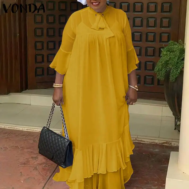 

Women Solid Sleeveless Dress VONDA Ladies Bow Neck Flare Sleeve Pleated Ruffled Hem Long Maxi Sundress Femme Bohemian Vestidos