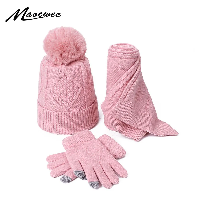 

Набор из 3 предметов, Зимний Теплый Женский вязаный шерстяной комплект с помпоном, Шапочка-шарф перчатки, 2020, для ежедневного отдыха, лыж, кемпинга, рыбалки, теплый комплект