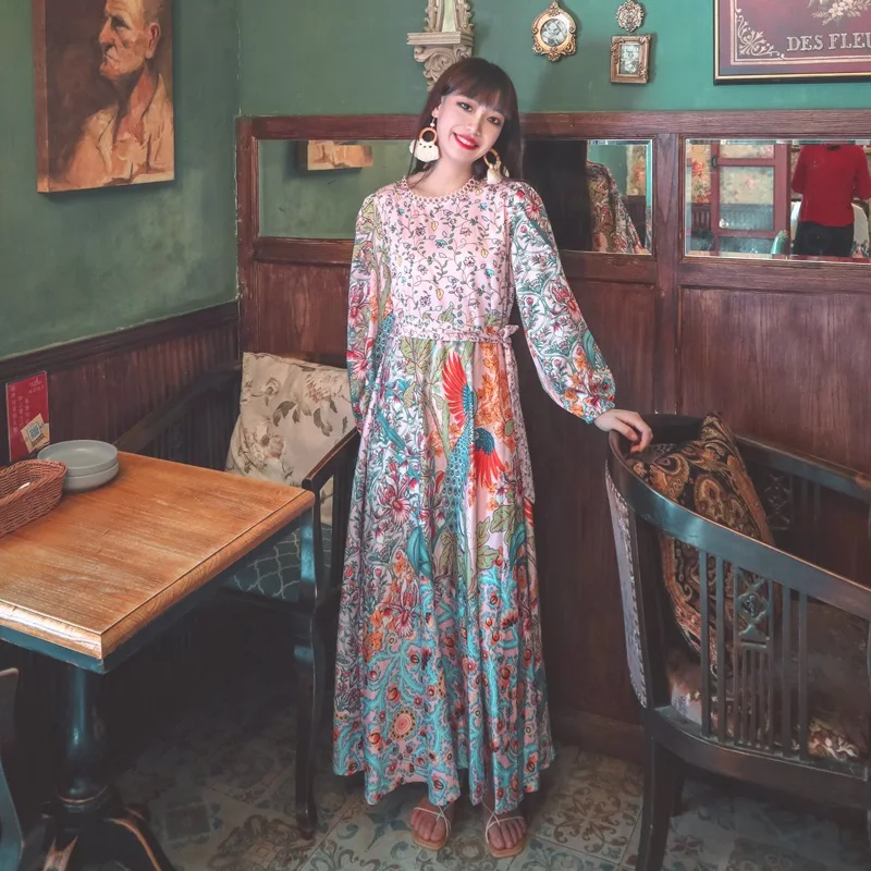 

2021 Fashion Vintage Floral Long Sleeve O-Neck Lace-Up Maxi Dress Elegant Party Robe Femme Muslim Arabian Oman Loose Long Dress