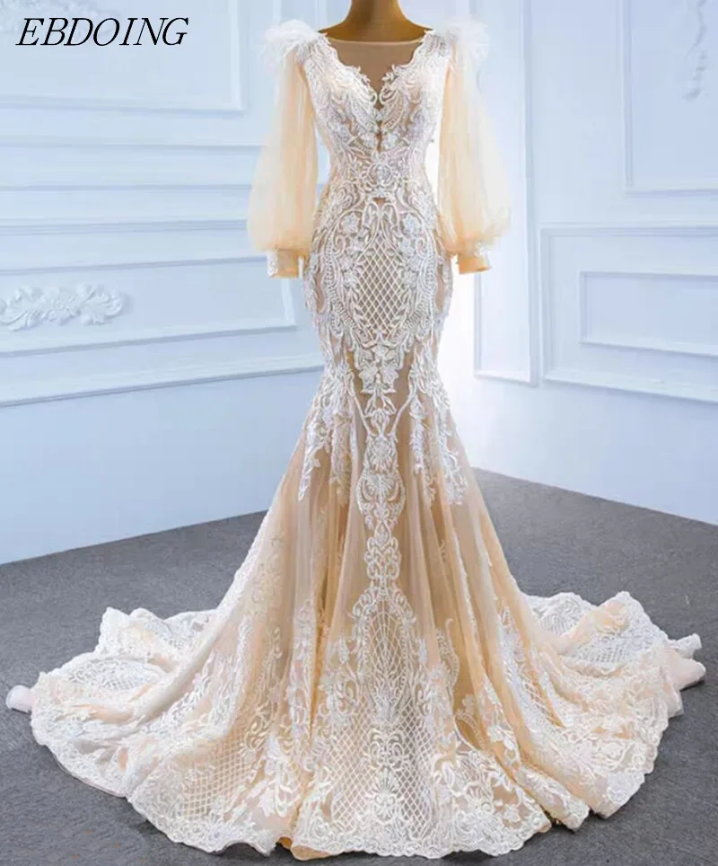 

Vestidos De Novia Elegant Wedding Dress Mermaid Lace For Women V-neck Neckline Full Sleeves Sweep Train Plus Size Wedding Gown