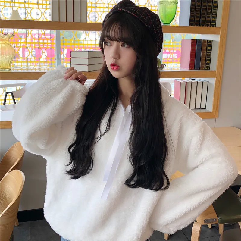 

Winter Splicing Faux Fur Hoodies Women Thick Warm Fluffy Long Sleeve Pullover Elegant Casual Loose Plush Female Sweatshirt