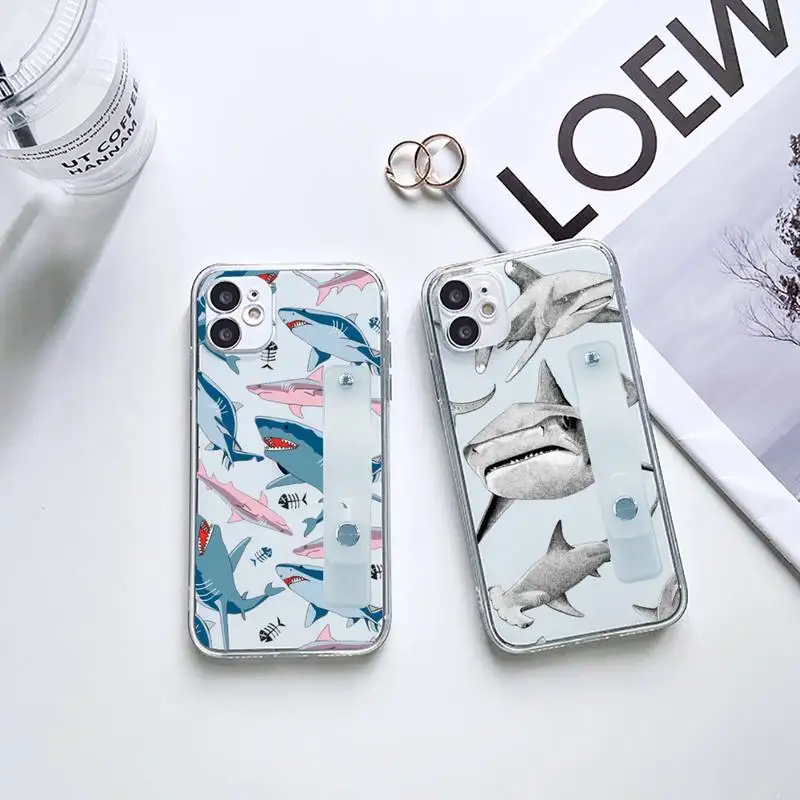 

cartoon shark animal Pink blue Phone Case Wrist Strap For iPhone 7 8 11 12 X XS XR MINI Pro Max Plus Hand Band Transparent Clear