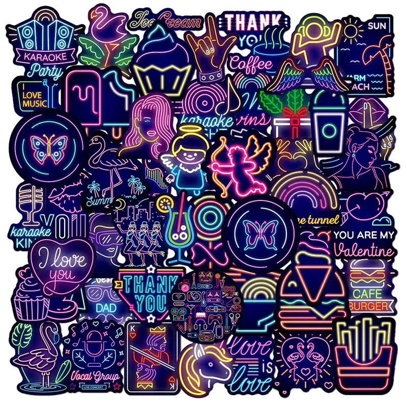 

50Pcs Aesthetic Car Skateboard Laptop Phone Bike Cool Toy Decal Sticker for Kids Cartoon Neon Light Graffiti Stickers