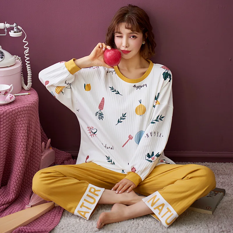 NIGHTWA Long Sleeves Pants Women's Pajama Loungewear Pijama Sweet Soft Pyjama Winter Autumn Sleepwear Cute Print Nighty |