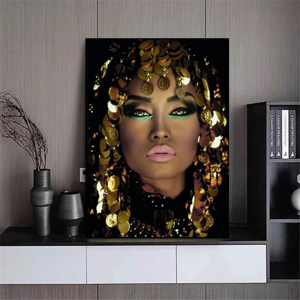 

African Art Black Gold Woman Canvas Painting Pretty Face Poster and Print Wall Pictures For Living Room Home Decoration No Frame