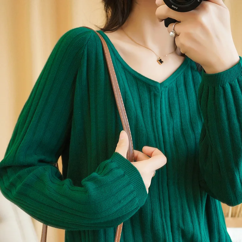 

FRSEUCAG 20 New spring cotton V-neck sweater women loose short pullover long sleeve knitted bottoming shirt Optional multicolor