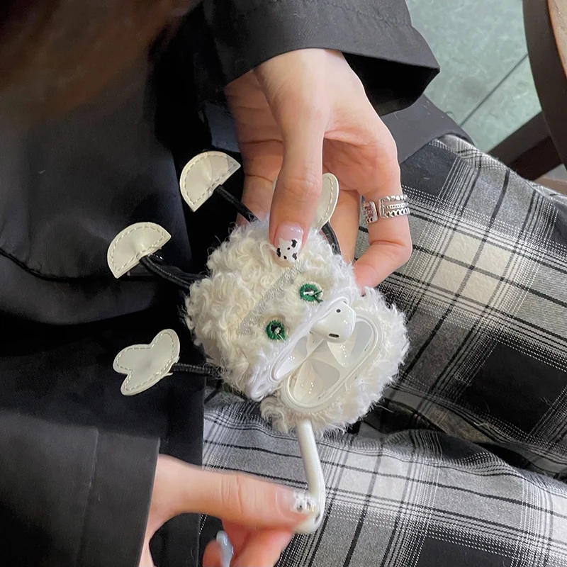 Чистый белый плюшевый 3D чехол для наушников с маленькой овечкой AirPods 1 2 Пушистый