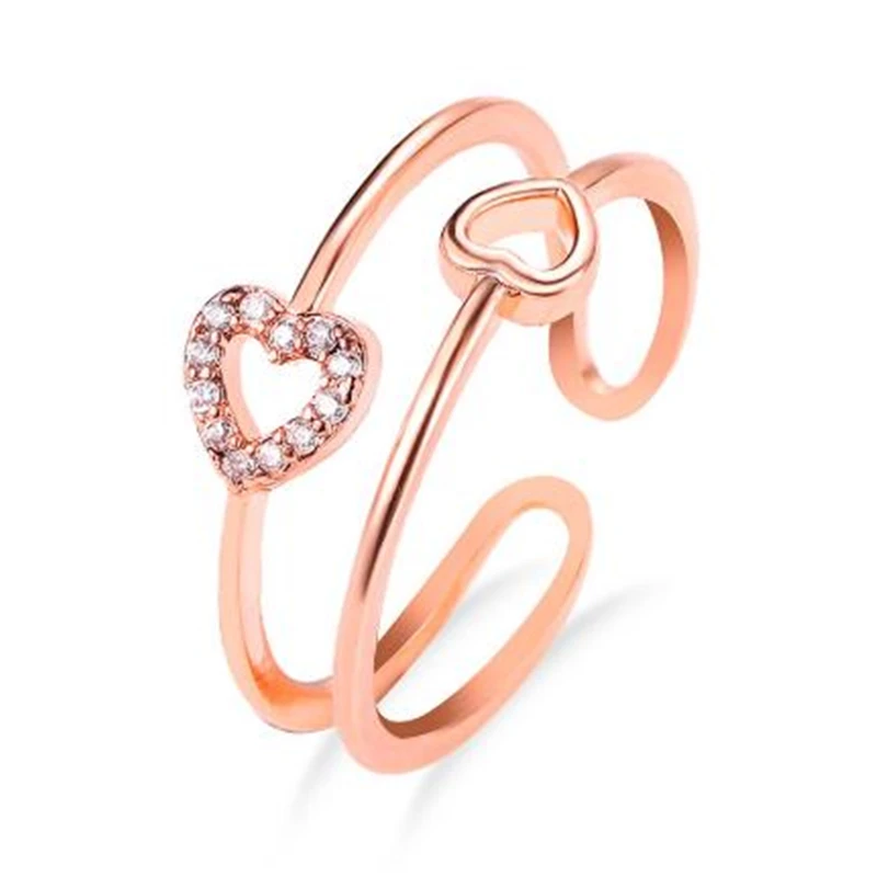 Двойное Сердце Циркон Открытые Кольца для женщин розовое золото серебристый