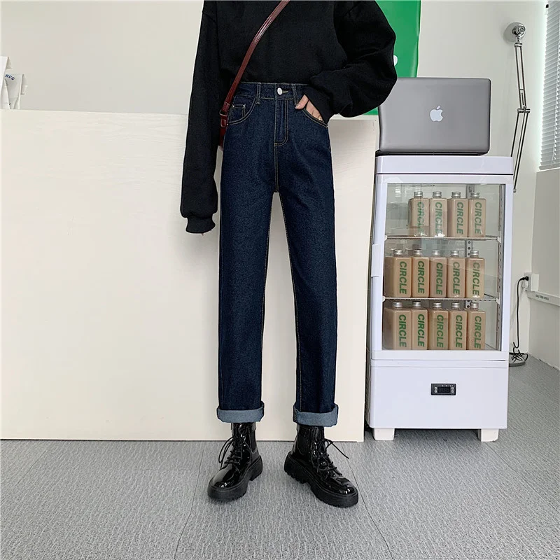 Jeans Women's Autumn and Winter Korean Style 2021 New High Waist Slimming Popular Small Straight Black Pants Fashion | Женская