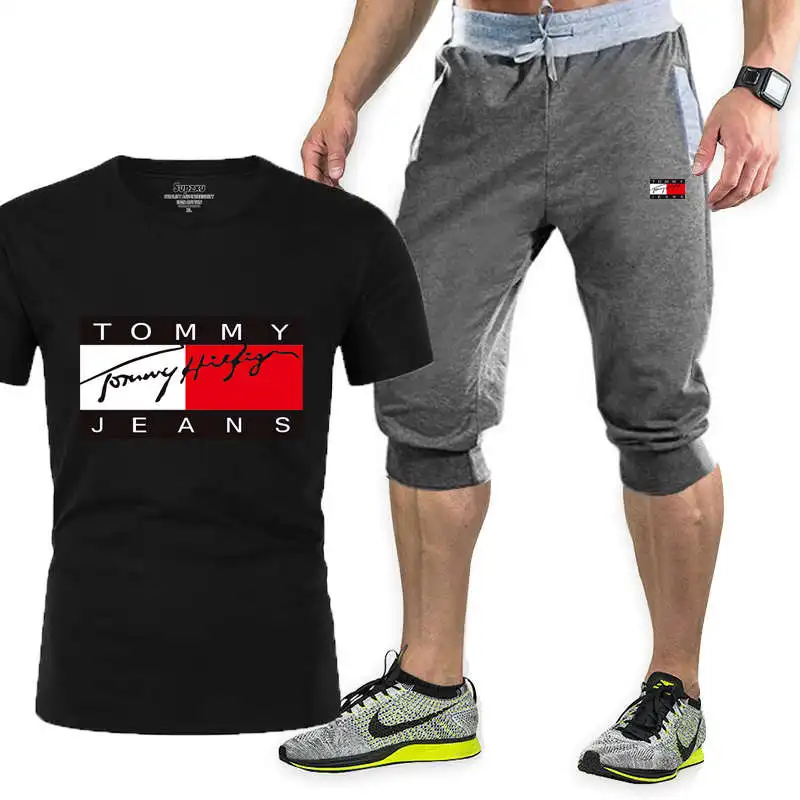

2021 men's suit T-shirt + pants two-piece casual sportswear men's and women's suit printed top + pants gym fitness pants
