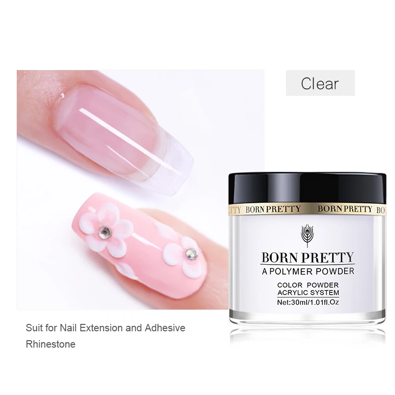 30ml Clear BORN PRETTY 30 мл акриловый порошок Резьба ногтей полимерный наконечник расширение французский розовый, белый, прозрачный самоклеющиеся стразы порошок для ногтей - Цвет: 30ml Clear