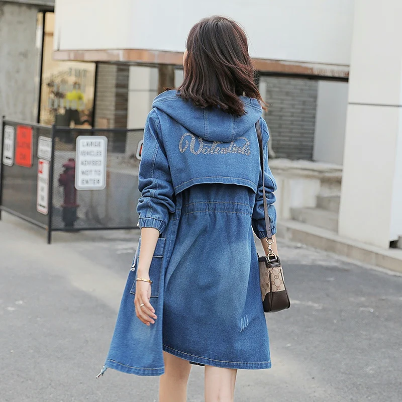 Женский джинсовый Тренч с капюшоном Повседневная Свободная ветровка бойфренда в