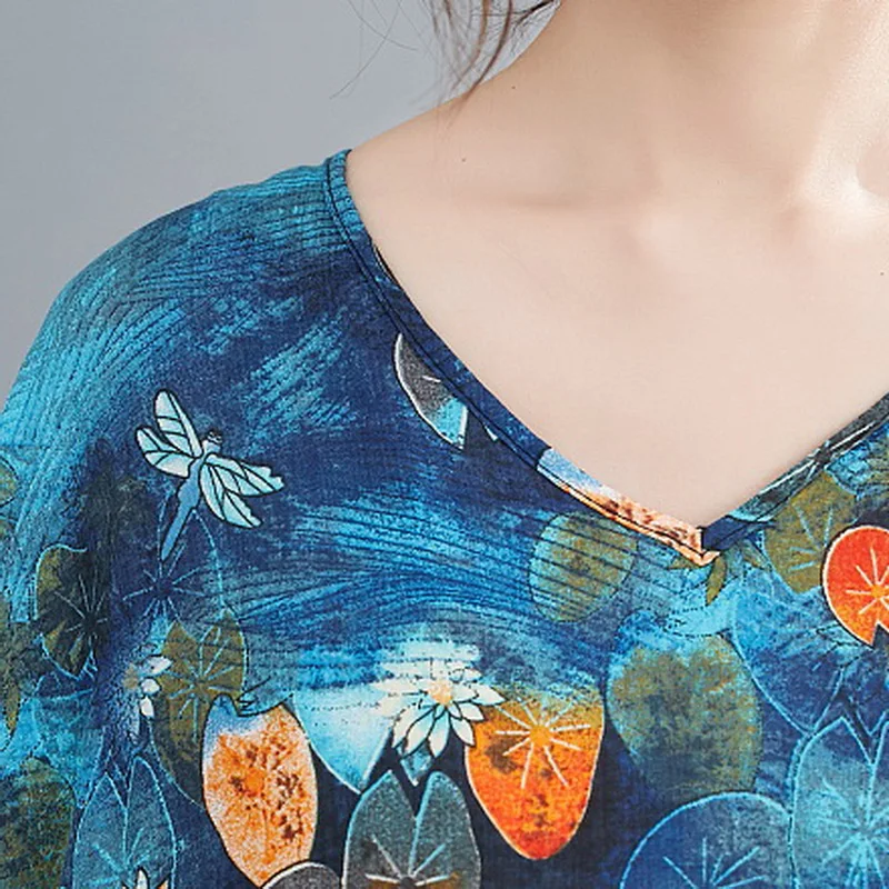 

Sexy V Neck Short Sleeve Colorful Printed Oversize Long Dress For Women Summer 2021 Beach Loose Causal Cotton Hemp Comfort Robe