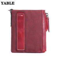 crazy horse cowhide mens wallet genuine leather short anti rfid theft brushing oil wax canvas double zipper wallet popular