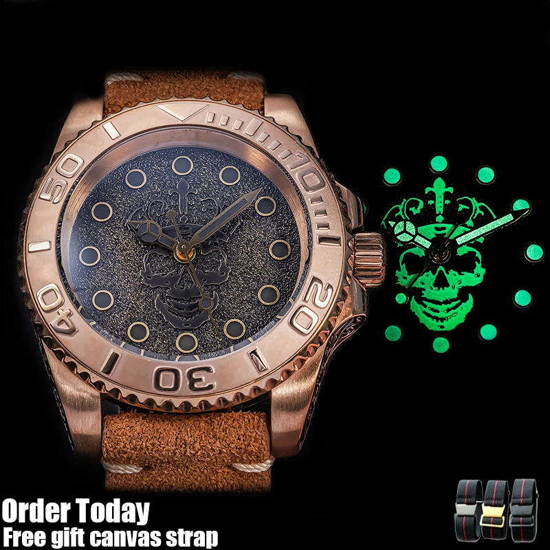 

[Official Monopoly]Men's Bronze Mechanical Diving Watch Skull Water Ghost Sapphire Crystal Glass Carved Pattern Case Luminous