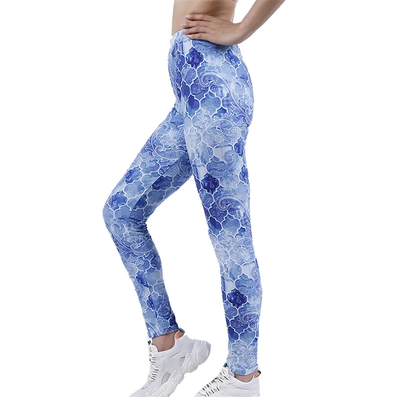 

INDJXND Spandex High Waist Leggings Push Up Pants Elastic Gradient Blue Flower Fittness Sport Women Running New Ankle-Length
